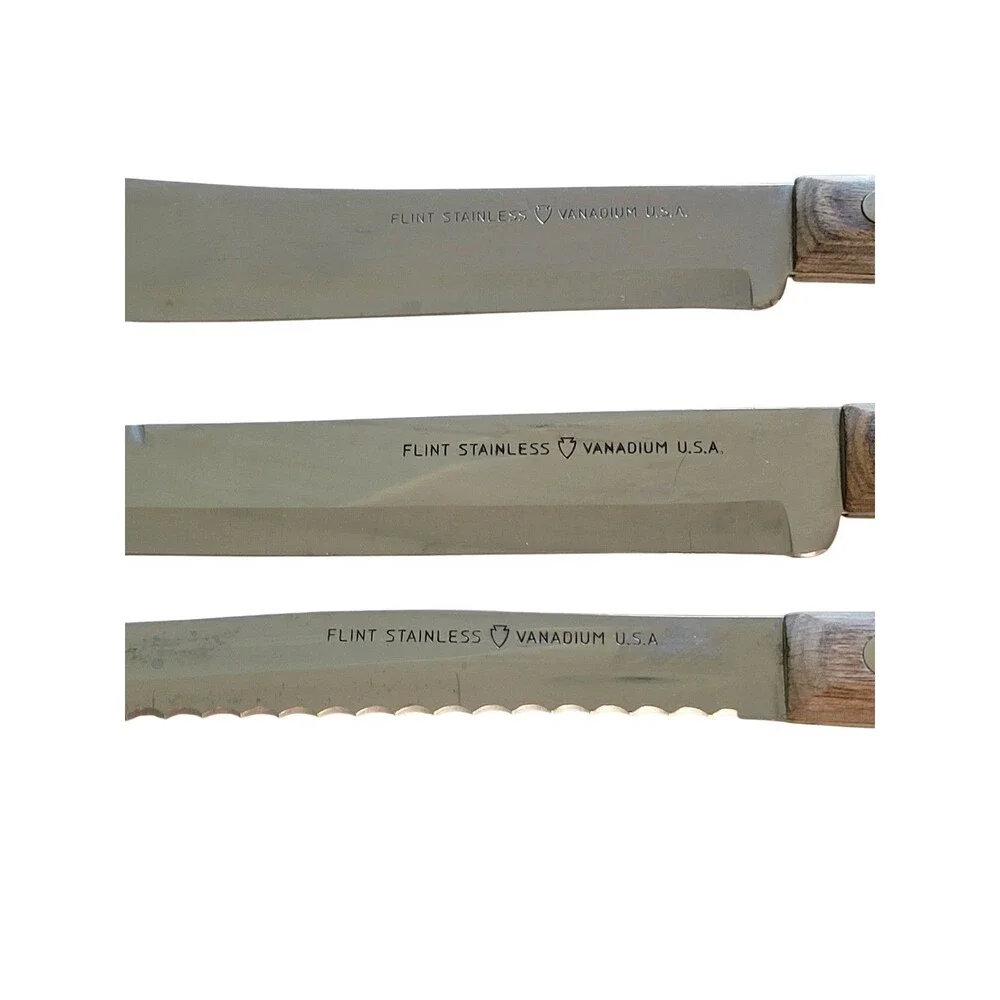 Vtg Flint Stainless Vanadium USA Lot Of 3 Bread - Fillet - Butcher Knives
